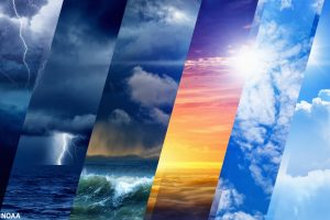 A collage of weather systems including thunderstorms, rain, heat waves, and fair weather. (iStock)