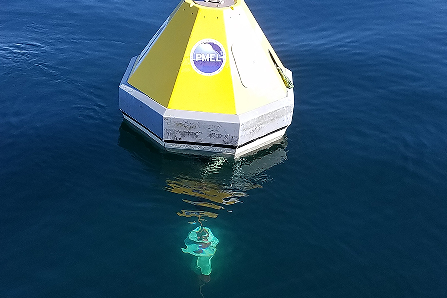 A NOAA buoy floats on the ocean