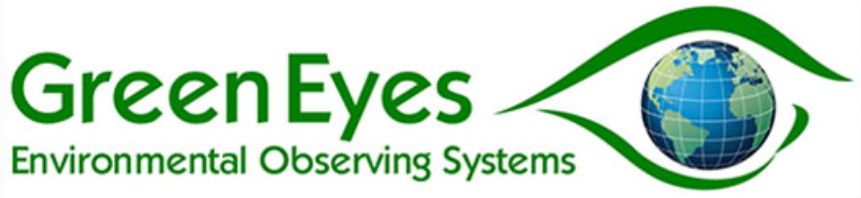 "Green Eyes" in green font with earth eye logo
