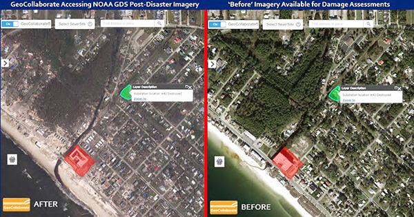 A before and after satellite showing coastal damage