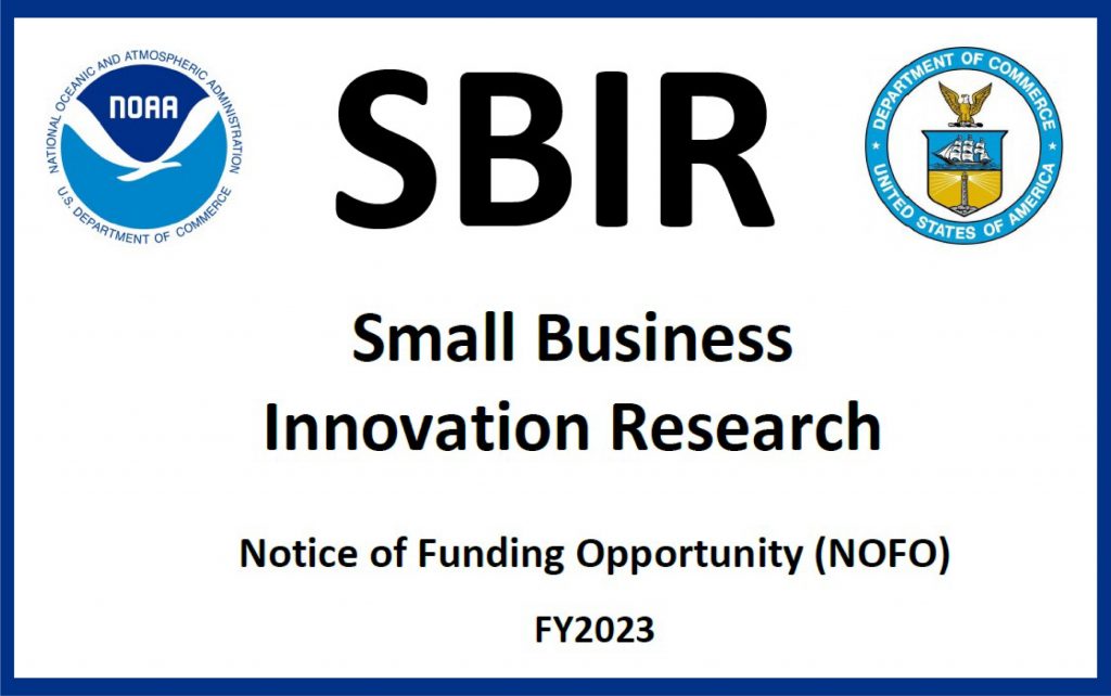 DOC and NOAA emblems with text "SBIR NOFO FY2023"