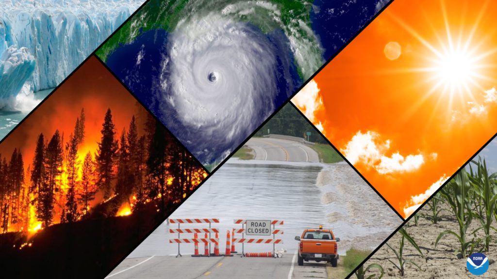A montage showing ice, a wildfire, a hurricane, a roadblock, the sun, and corn growing in a field