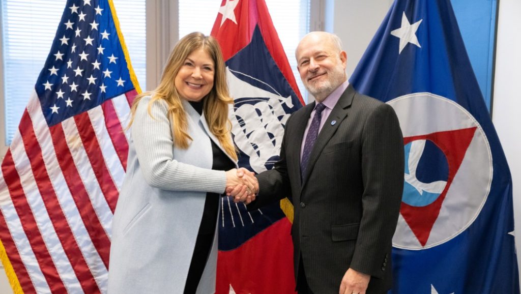 Kathi Vidal, Under Secretary of Commerce for Intellectual Property and Director of the USPTO. shakes hands with Rick W. Spinrad, Ph.D., Under Secretary of Commerce for Oceans and Atmosphere and NOAA Administrator