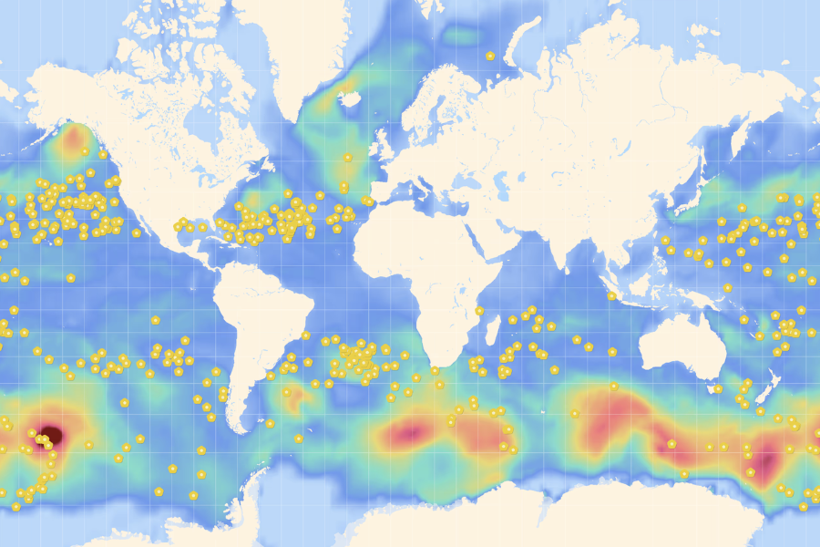 a heat map of the world that shows heightened activity in spots of the southern hemisphere